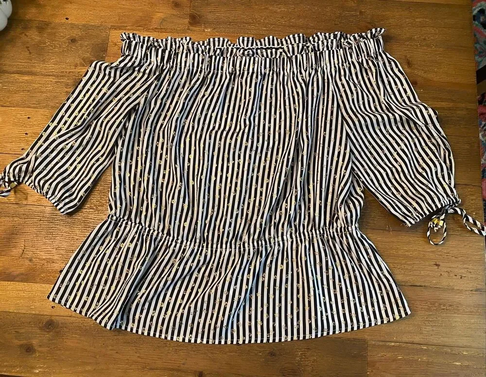 Michael Kors L off shoulder shirt top black white striped blouse gold floral